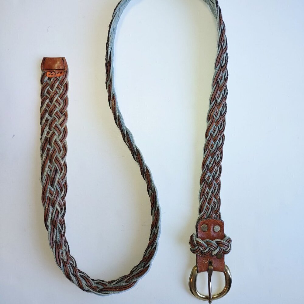 Vintage LEVI'S Hand Braided Leather & Denim Belt Orange Tab Brass Buckle Sz 32 - Picture 4 of 13